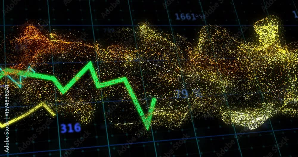 Aufkleber cloud forming on grid starting green yellow turquoise lines wiggling over numbers visualizing data