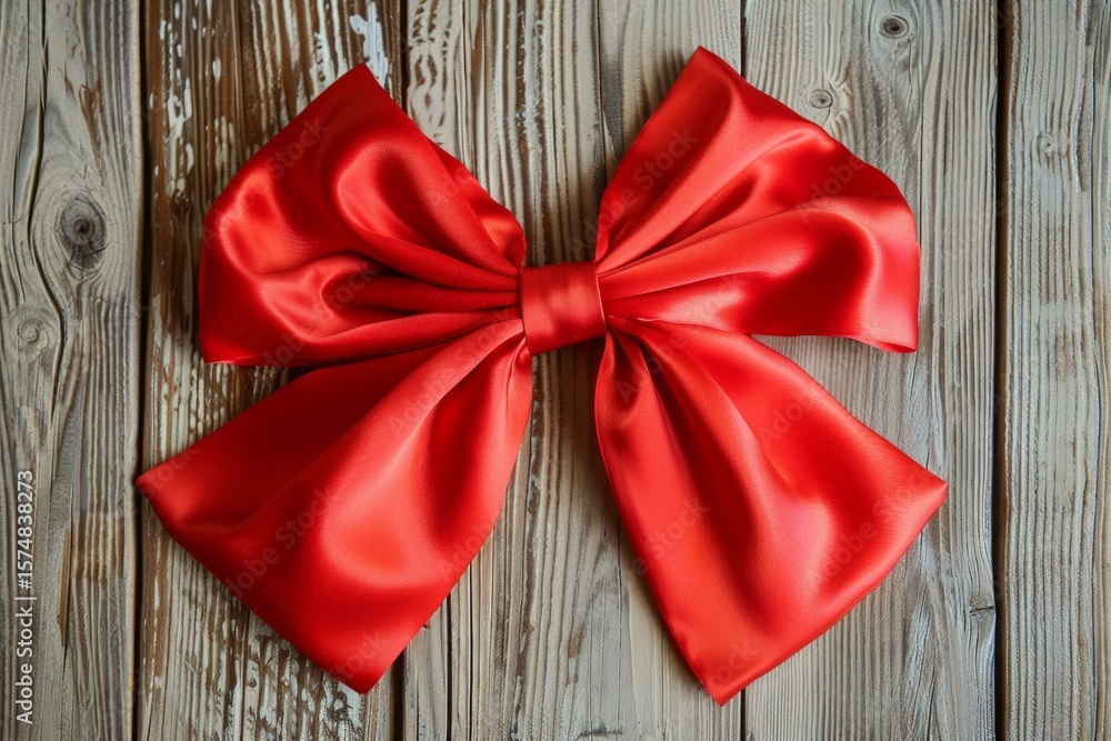 Poster shiny red silk bow adding a touch of elegance to a rustic wooden backdrop