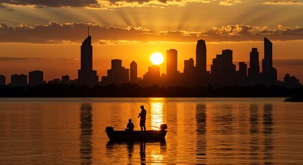 Sunset silhouette fishing trip over calm water