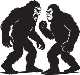 Bigfoot Yeti Black & white silhouette who is angry with another yeti