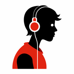 Black silhouette of a person wearing red headphones listening to music vector