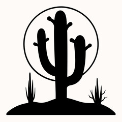Black Silhouette Saguaro Cactus with Circle and Desert Plants on White Background