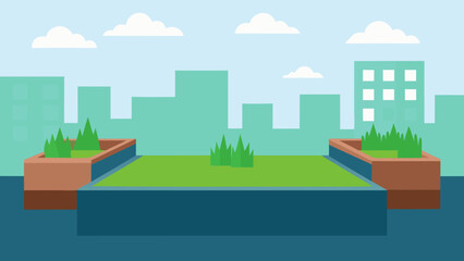 Obraz premium A vibrant vector illustration depicts a green eco-city skyline with modern office buildings and houses nestled within an urban landscape, all under a clear sky