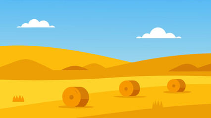 Sun-drenched desert landscape with vast sand dunes under a clear summer sky, stretching towards a distant horizon