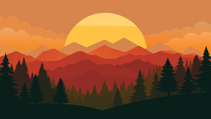 Misty mountain landscape at dawn with a vibrant sunrise painting the sky, casting a serene view over the tranquil forest and valley