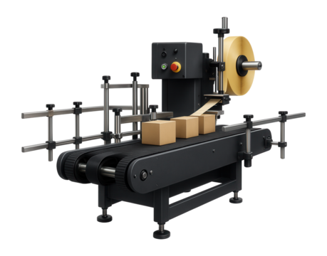 Automatic multi-panel labeling machine with a conveyor system and alignment guides for a box manufacturing plant