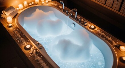 Luxurious Bathtub Filled with Bubbles and Lit by Candles for Relaxation
