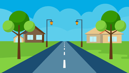 Green fields and trees line the asphalt highway under a summer sky, leading to a vibrant city horizon