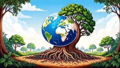 Cartoon earth globe supported by a tree with roots in a vibrant natural landscape. Modern humanitarian symbolism, suitable for campaign presentation or poster