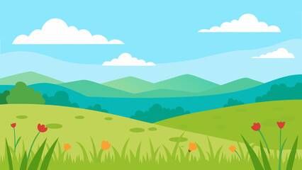 Obraz premium A vibrant summer landscape vector illustrates a serene meadow with rolling hills and distant mountains under a bright blue sky with fluffy clouds