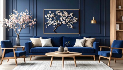 Elegant blue living room with modern decor featuring a stylish sofa and armchairs