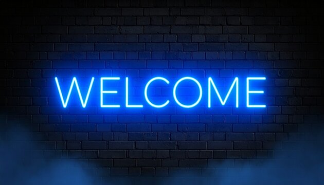 Glowing welcome neon sign illuminating a dark brick wall with inviting blue light