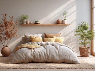 Calming Minimalist Bedroom Interior Design: Natural Light, Cozy Ambiance, and Serene Space