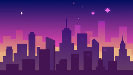 Naklejka premium Night city skyline illustration with urban buildings and a starlit sky