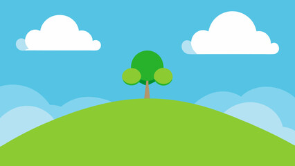 Fototapeta premium Lush summer landscape with green trees, rolling hills, and a clear blue sky with fluffy white clouds