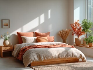 Sunlight illuminates a serene bedroom with a minimalist aesthetic, featuring a beige linen bed and orange accents, creating a calming and cozy atmosphere.