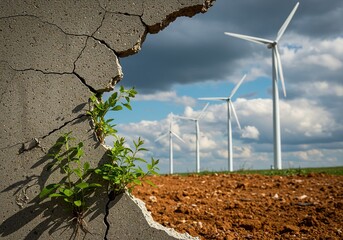 Resilience of Nature and Sustainable Energy: Green Shoots Emerging from Cracked Concrete with Wind Turbines in the Background, Symbolizing Growth, Environmental Healing,
