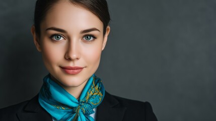 Portrait of female flight attendant wearing a stylish uniform and scarf, conveying professionalism in an indoor setting
