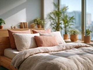 Calming Bedroom Interior Design: Linen Bedding, Sunlight, and Plants