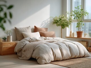 Cozy Linen Bedroom with Sunlight and Plants: Calming Minimalist Interior Design