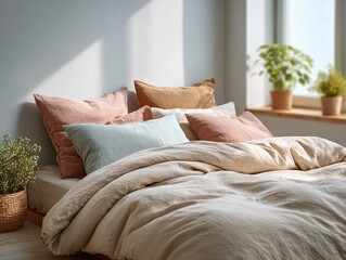 Calming Bedroom Interior Design: Beige Linen Bedding and Pillows, Cozy and Peaceful Atmosphere