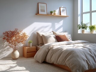 Modern Minimalist Bedroom Design with Sunlight and Plants, Cozy and Serene Interior Decor