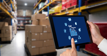 Cost reduction, cost saving concept shown on computer screen brisk, corporate business efficiently...