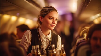 Flight attendant serves refreshments onboard an evening flight while passengers relax in their seats