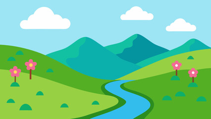 Mountain landscape with a blue sky and green hills