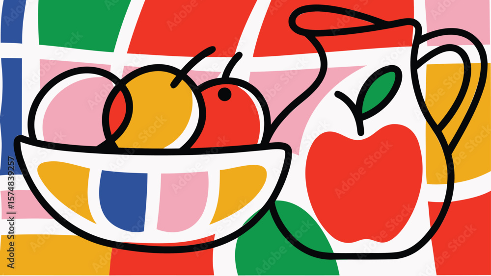 Aufkleber a colorful still life with a bowl of fruit and a pitcher of apple juice on a patterned background