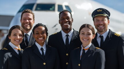 Flight crew poses together at the airport during daytime in front of an aircraft ready for departure