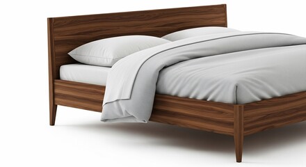 Modern Walnut Bed with White Linens on White Background, Studio Shot