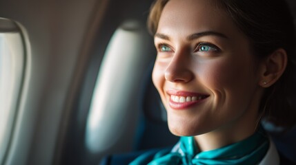 Flight attendant smiles warmly while assisting passengers on a flight during the day