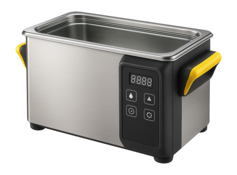 Heavy-duty ultrasonic cleaning unit with a robust metal housing and programmable settings for industrial machinery cleaning.