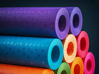 Vibrant stack of rolled yoga mats in multiple bright colors