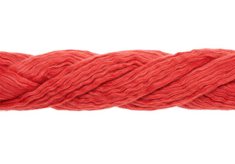 A single, vibrantly colored red woolen yarn strand, featuring soft natural fibers and a subtle ripple pattern, laid flat on a transparent, shadowless background with crisp details. Concept for textile