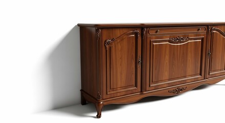Ornate Wooden Sideboard with Intricate Carvings and Elegant Design on White Background