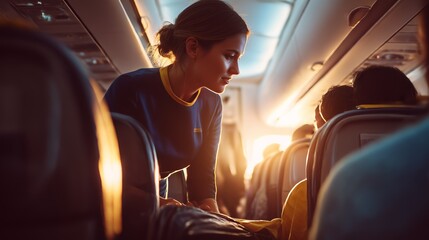 Flight attendant assists passengers on an evening flight in a warm and welcoming aircraft cabin atmosphere