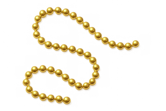 Shiny golden spheres connected together forming a chain on a transparent background, ideal for luxury and elegance concepts