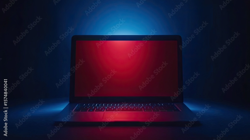 Poster laptop computer with a red screen in a dimly lit setting.