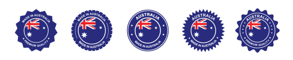 Australian product label set. Australian flag, premium Australian made. Labels, seals, stamps, flags, icons