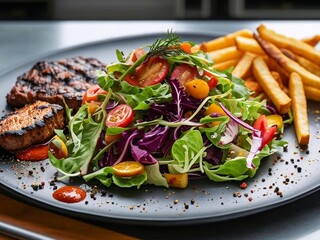 Grillteller mit saftigem Fleisch und gro&szlig;er Gem&uuml;se- / Salatbeilage