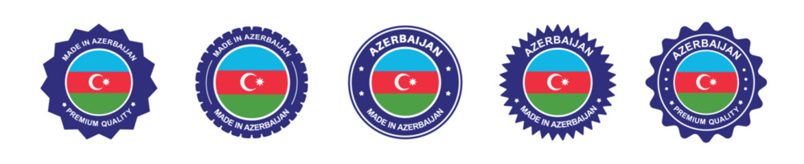 Azerbaijan product label set. Azerbaijan flag, premium made in Azerbaijan. Labels, seals, stamps, flags, icons