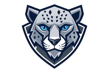Intense blue eyes stare from gray snow leopard head inside a badge shape © SWORNALY