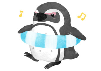 浮き輪とペンギンのイラスト