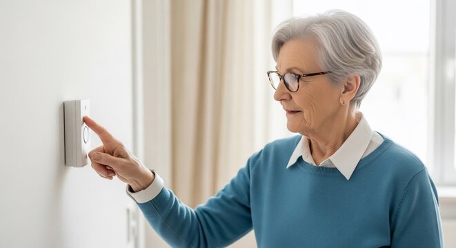 Senior Woman Adjusting Smart Thermostat for Home Comfort and Energy Efficiency