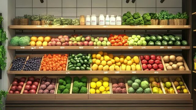 Fresh fruits and vegetables neatly displayed in a supermarket refrigerator, arranged in colorful sections under bright lighting for an inviting shopping experience