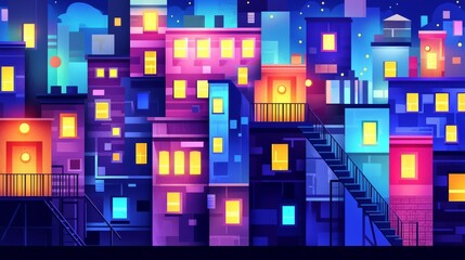 Vibrant cityscape at night with colorful buildings and illuminated windows, evoking urban charm and energy.