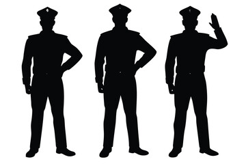 Silhouetted Police Officers One Saluting, Others with Hands on Hips, on White