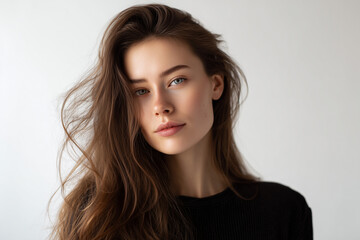 Close-up portrait of a young woman with long flowing brown hair and natural makeup against a neutral background